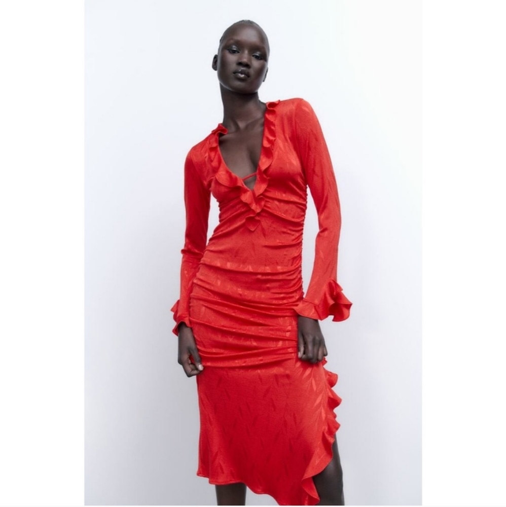 NWT Zara Red Jacquard Long Sleeve Ruffled Plunging Thigh Slit Women Dress